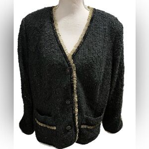 Diane Gilman Cardigan Women’s Size 1X Black Gold Trim Long Sleeve Sparkle Pocket